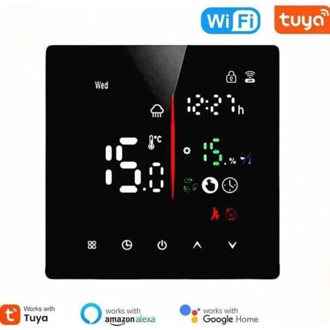 QORVA-Thermostat Wi-Fi intelligent, chauffe-eau 3 A à économie d'énergie, connexion Wi-Fi via application vocale, compatible avec Amazon Alexa et Google Assistant (noir, avec câble de capteur de 3 mèt (1/4)