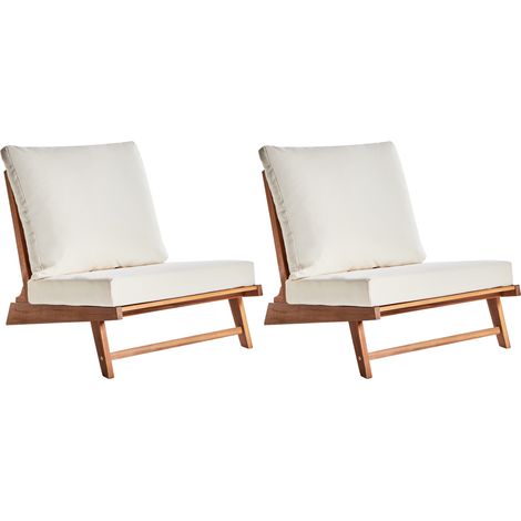 Conjunto de 2 sillas bajas de madera de acacia con cojines de asiento y respaldo muebles de exterior interior jardín madera clara y blanco Micciano