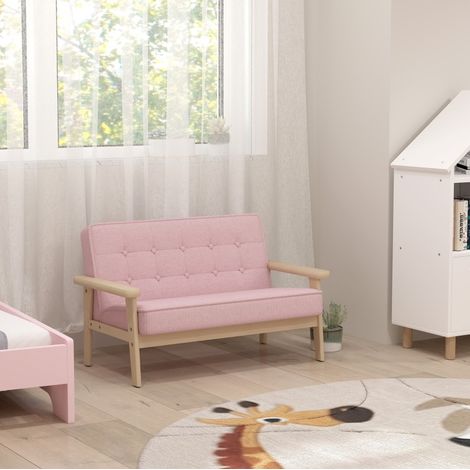 Canapé enfant 2 places avec cadre en bois, tissu aspect velours, rose DESVIAE (1/5)