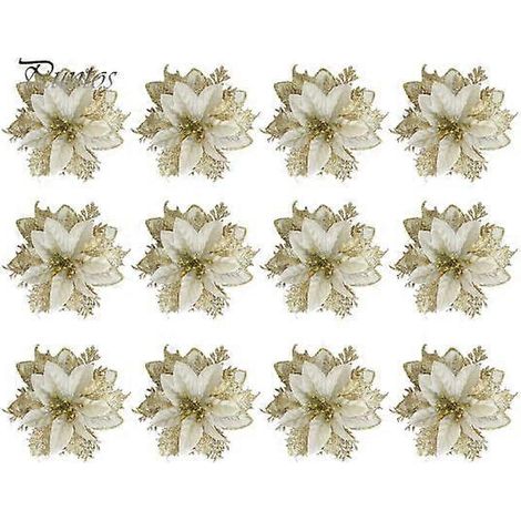 12/24 pièces de fleurs artificielles de Noël à paillettes rouges, dorées et argentées, couronne de sapin de Noël à plusieurs niveaux, décoration de fleurs artificielles, accessoires photo pour fêtes12 (1/5)