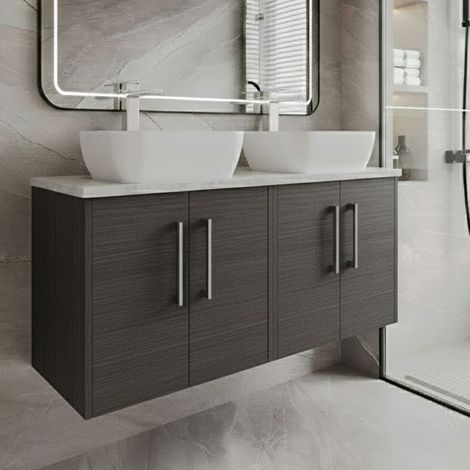 Hudson Reed Juno Wall Hung 4-Door Vanity Unit with Bellato Grey Worktop 1200mm Wide - Graphite Grey Woodgrain (1/4)