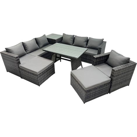 Fimous Outdoor Corner Sofa Chair Dining Table Set Garden Rattan Furniture Set 9 Seater with Side Table 2 Big Stool Dark Grey (1/5)
