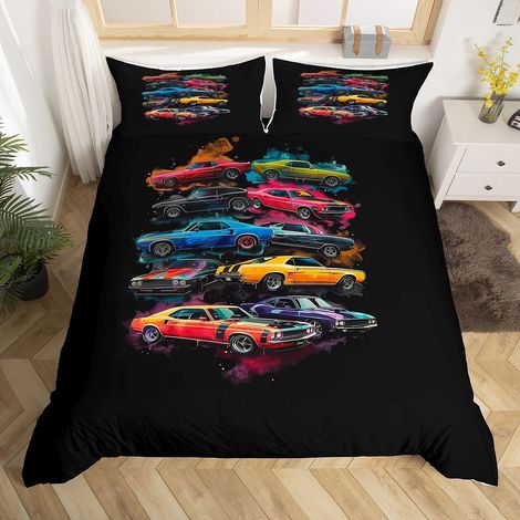 Race Car Housse de couette Souple Noir Vintage Sports Car Pour Garçons Filles Sport Extrême Ensemble Housse de Couette 120x150cm 2 Pièces Décor Chambre (1/5)