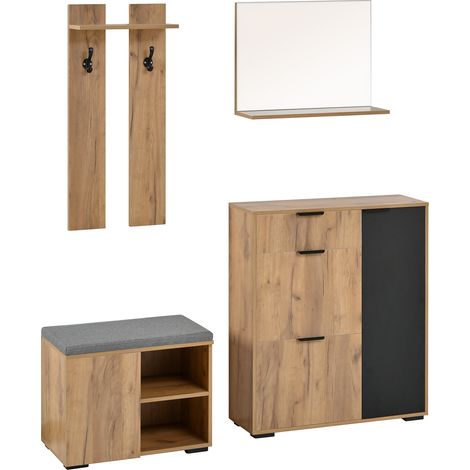 ELVMI Garderobenset mit 4 Türen, 1 Schublade, 2 Haken und Spiegel mit Schuhbank, aus Spanplatte, 140 × 35 × 139 cm, Natur (1/5)