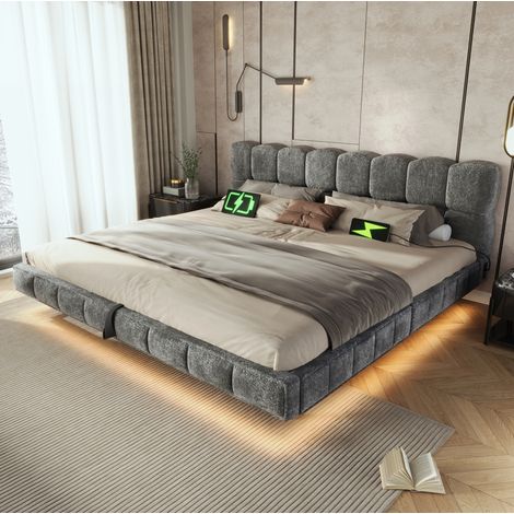 Cama con almacenaje 180x200 cm chenilla gris LED USB y Type-C sin colchón - CHICFURN (1/5)