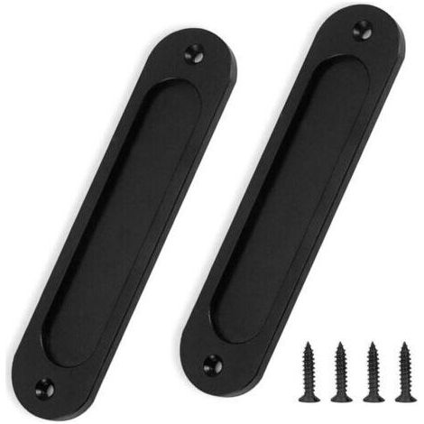 Lot de 2 poignées de porte de grange - Noir mat - 15,2 cm - Rondes - Plaque plate encastrée - Poignées de porte coulissantes - Poignée en aluminium pour placards et tiroirs (1/4)