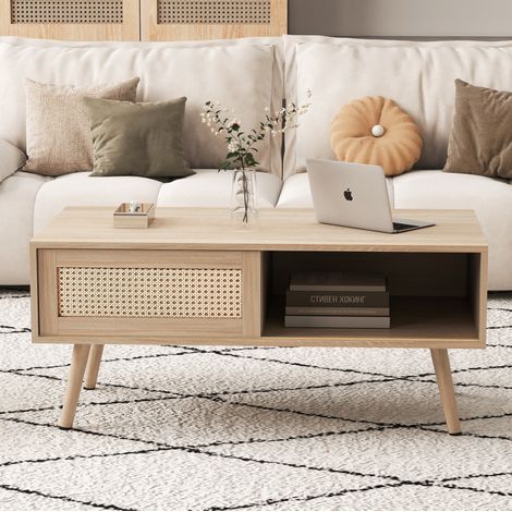 Table basse 105x55x40 cm bois naturel en MDF avec porte coulissante en rotin et pieds en bois massif (1/5)