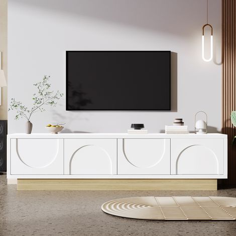 Meuble TV blanc 175 cm avec base effet bois, design courbe minimaliste, MDF (1/5)