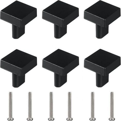 Lot de 6 boutons de tiroir carrés pour meubles - Trou unique - Petite poignée moderne - Noir - Avec vis assorties (1/5)
