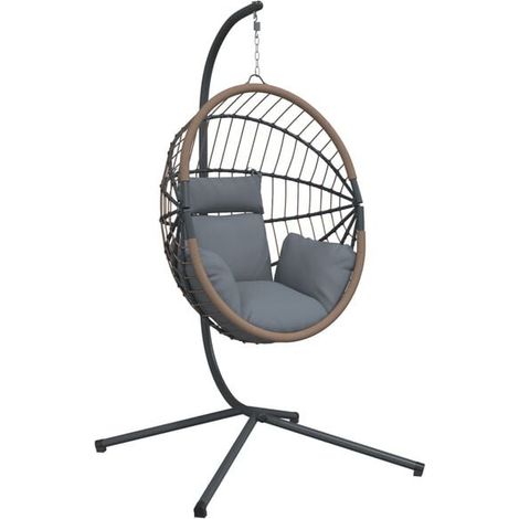 Fauteuil suspendu en forme d'œuf et structure en acier et rotin gris clair (1/5)