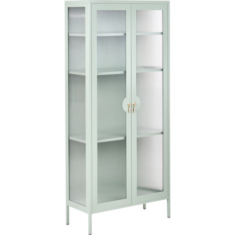 Vitrina de metal de oficina puertas de vidrio acanalado estantes estilo industrial verde menta Gleora