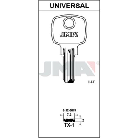 JMA llave punto jma tx-1 (caja 10) , DETALLES
Referencia           TX-1
Para:                  UNIVERSAL
Catálogo             CAT. LLAVES-KEYS - C.11Clase
CILINDRO           SEGURI
