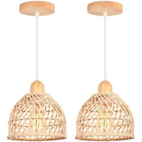 2pcs Rétro Suspension Luminaire en Bois et Bambou Plafonnier Industriel E27 Lustre Abat-Jour Design Spirale Cage,20cm (1/5)
