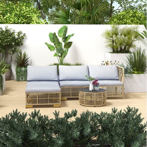 Salon de jardin 5 pièces beige en polyester avec table basse ronde et modules modulables (1/3)