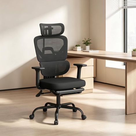 Sedia da ufficio ergonomica girevole, schienale reclinabile, poggiapiedi pieghevole, nera HAVRYA (1/5)