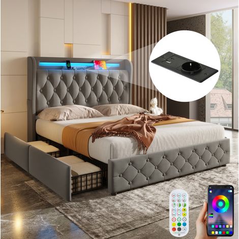 Lit rembourré 140x190 cm gris tissu et métal, LED RGB, USB et 4 tiroirs (1/5)