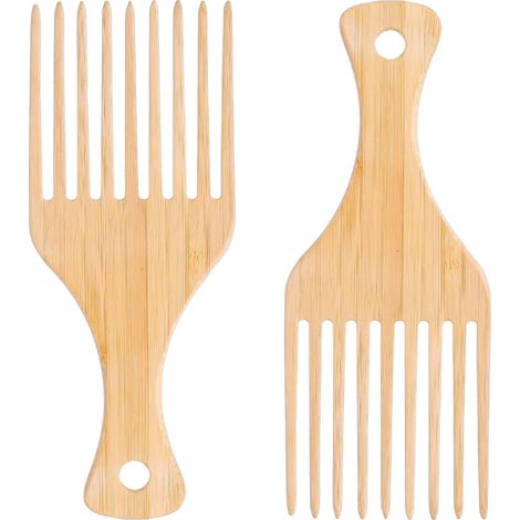 Lot de 2 peignes en bambou pour coiffure afro, naturel antistatique, peigne à dents larges en bois avec médiator, peignes démêlants à dents longues pour homme et femme, cheveux longs bouclés ondulés (1/5)