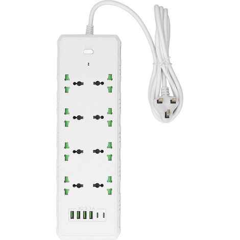 Multiprise avec boîtier en polycarbonate blanc isolé, 4 ports USB, 2 ports PD et câble d'extension de 2 m (110–26 V)