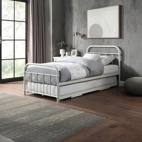 TEWIN TRADITIONAL HOSPITAL STYLE SINGLE METAL BED FRAME & GUEST TRUNDLE WHITE (1/5)