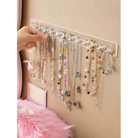 1 pièce Support à bijoux mural transparent pour colliers, bracelets, boucles d'oreilles et bagues - Étagère d'exposition à plusieurs crochets pour coiffeuse, rose, 12 crochets (1/4)