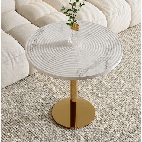 Tavolo rotondo da pranzo 80 cm, piano MDF effetto marmo bianco con anelli di accrescimento, supporto in metallo dorato, moderno (1/5)