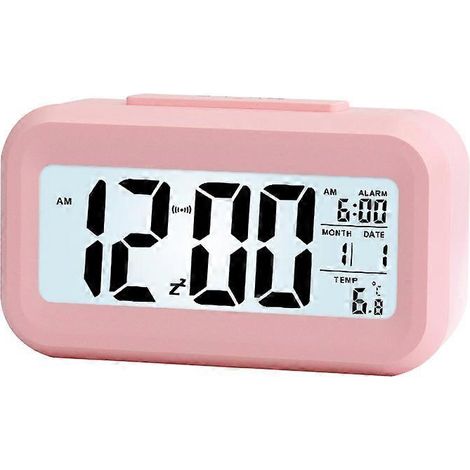 Réveil numérique rose à LED avec rétroéclairage, fonction snooze, mode silencieux, calendrier et affichage de la température. Horloge de bureau. (1/2)