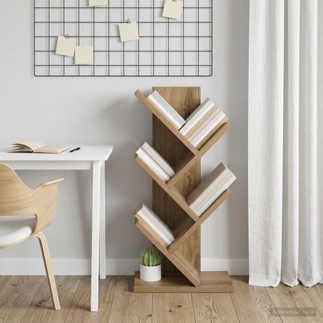 Bibliothèque arbre 4 étagères en bois d’ingénierie chêne artisanal 30 x 18 x 60 cm - PANGIVO (1/5)