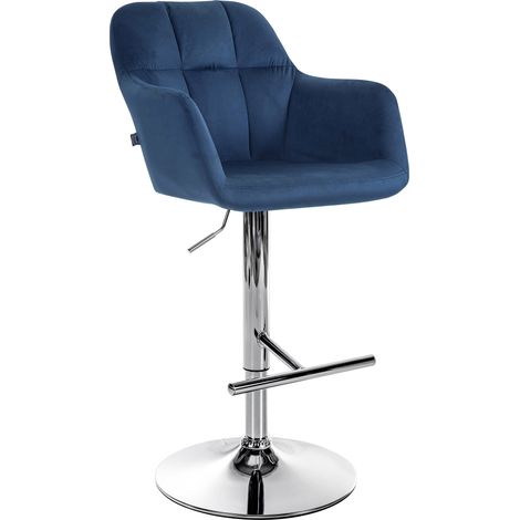 Taburete de bar trona x1 función de rotación de 360° en terciopelo azul con costuras decorativas base de metal cromado 100005265