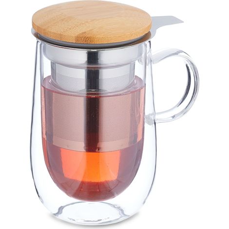 Tasse de thé, verre, double paroi, couvercle en bambou, infuseur en acier inox, capacité : 430 ml, transparent (1/5)