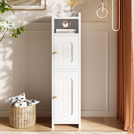 Meuble de rangement moderne et polyvalent blanc, 80 cm de hauteur – meuble étroit avec étagère réglable, poignées en métal et dispositif anti-basculement pour salon, chambre et entrée. (1/5)