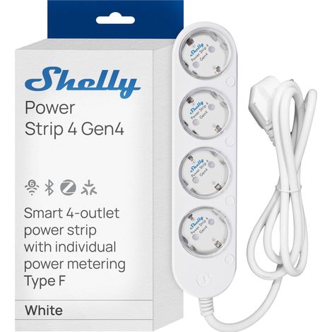 SHELLY POWER STRIP 4 GEN4 BLANC - MULTIPRISE CONNECTÉE ZIGBEE ET MATTER 150 CM, TYPE F, 4 PRISES 3680 W, PROTECTION PARAFOUDRE E