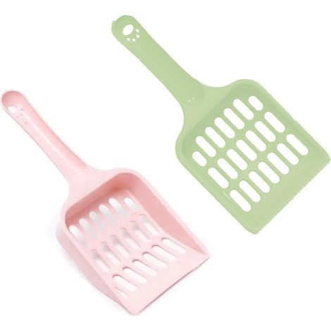 Lot 2 pelles litière chat plastique robuste, faciles à nettoyer, rose et vert (1/4)