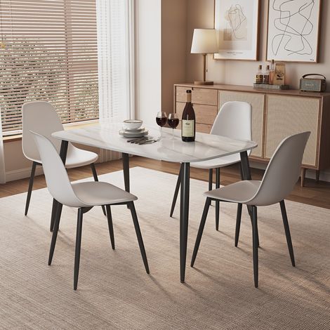 Aspen Gloss White Sintered Stone Rectangular Table & 4 White Curve Chair Set - Metal/Plastic - L52 x W46 x H84 cm