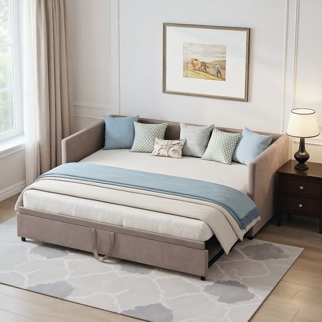 Polsterbett Schlafsofa 90/180x200 cm, modernes Schlafcouch mit Armlehnen und gepolsterter Rückenlehne, Tagesbett ausziehbar mit Lattenrost, für Wohnzimmer und Schlafzimmer, Velour Grau