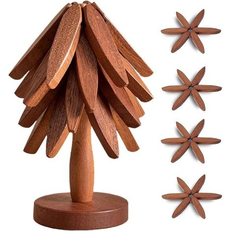 Ensemble de dessous-de-plat en forme d'arbre - tapis en bois résistants à la chaleur - 4 dessous-de-plat + 1 socle - dessous-de-plat en bois pliables - adapté à la cuisine - pour plats chauds, cassero