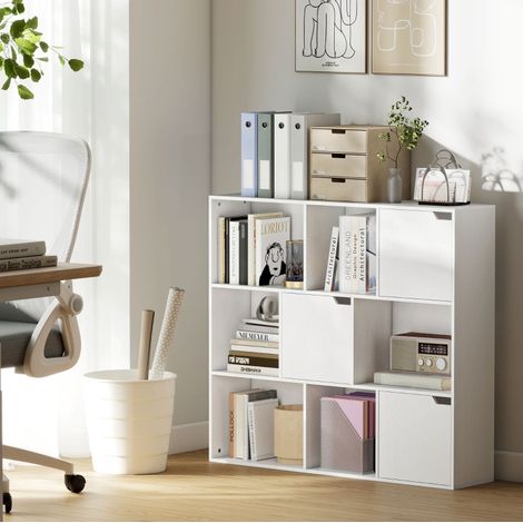 MEUBLIV Bibliothèque blanche 9 cases avec 3 portes et 6 niches ouvertes 106x24x95 cm (1/5)