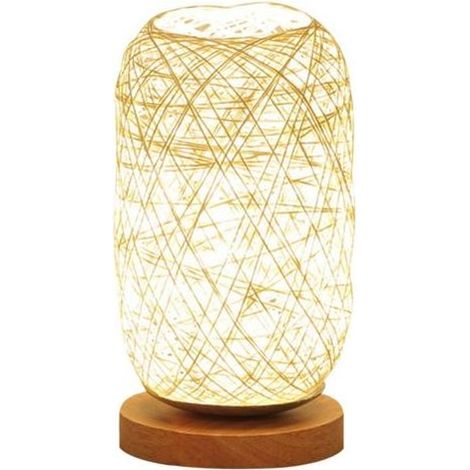 Lampe de Table LED de Chevet Alimenté par USB Veilleuse avec Base en Bois et Abat-jour en Rotin Rustique Lampe de Bureau Réglable en Luminosité Lampe de Chevet pour Chambre à Coucher, Salon- (1/5)