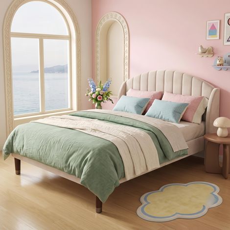 Lit double 140x190 cm velours beige, Tête de Lit Confortable avec sommier à lattes, lit adulte capitonné, nordique chic (1/5)