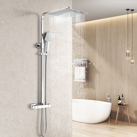 Heilmetz – Duschsystem mit Thermostat – 304 Edelstahl Duschsäule – Kopfbrause 30x30cm – Handbrause – Verstellbare Duschstange 800-1180mm – Verchromt (1/5)