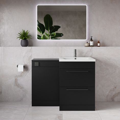 Napoli 460 Nero Oak 1100mm 2 Drawer Vanity Unit Toilet Suite with Glide Basin - 1100mm - Gunmetal Grey 320mm HandleWithout Kingston Toilet Pan