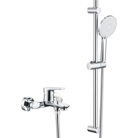 Colonne de Douche avec Mitigeur en Laiton, Ensemble de Douche et Bain avec Douchette 3 Jets, Bec de Baignoire, Barre de Douche Réglable 700mm, Flexible Inox 1.5m, Finition Chrome Anti-Calcaire (1/5)