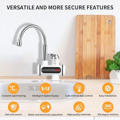 Rubinetto per riscaldamento istantaneo 220V 3000W, rubinetto elettrico con display a LED, rubinetto per scaldabagno istantaneo per lavello da cucina, bagno (1/4)