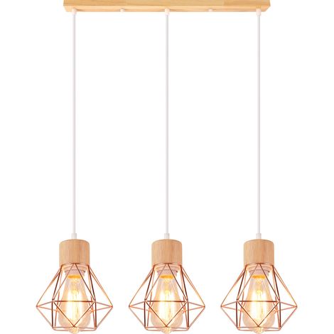 Lampe À Suspension Vintage Suspension Luminaire Rétro 3 Lumières Plafonnier D'Intérieur Moderne En Métal Et En Bois Or Rose