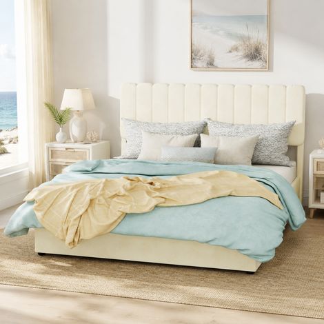 Cama tapizada beige 140x200 cm con cabecero acolchado y arcón elevable (1/5)