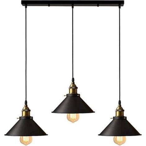 Suspension industrielle vintage abat-jour 22cm – Lustre en métal noir – Corde ajustable 100cm – Douille E27 pour 3 ampoules (1/5)