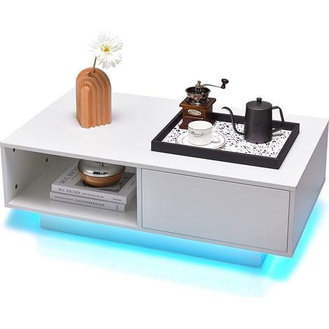 COSTWAY Mesa de Centro con 20 Colores de Luces LED, Mesa Moderna Rectangular con Control Remoto, Mesa Inteligente de Cóctel con Cajón y Estante Abierto