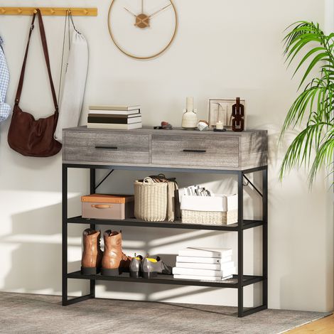 Bois gris clair - Console d’entrée avec 2 tiroirs, étagères en maille et crochet latéral, en bois et métal, 100x35x92 cm