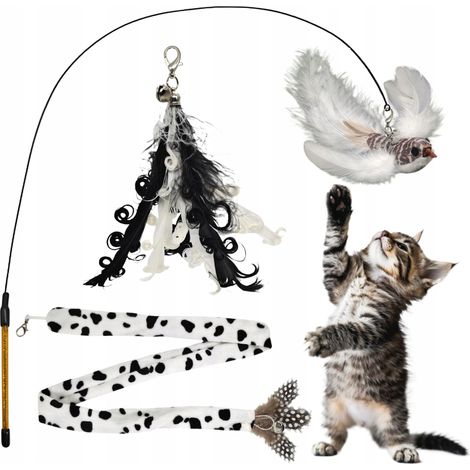 Canna da pesca per gatti, 3 giocattoli intercambiabili con campanello, uccello, piume, coda SET (1/5)