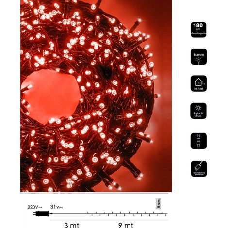 Catena di luci Natale 180 led serie luminosa natalizie cavo verde per esterno interno albero feste decorativa Rosso