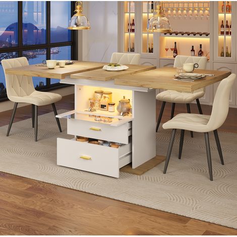 Ausziehbarer Esstisch 110-140x80x75 cm Weiß MDF mit LED-Beleuchtung, Stauraum und App-Steuerung (1/5)
